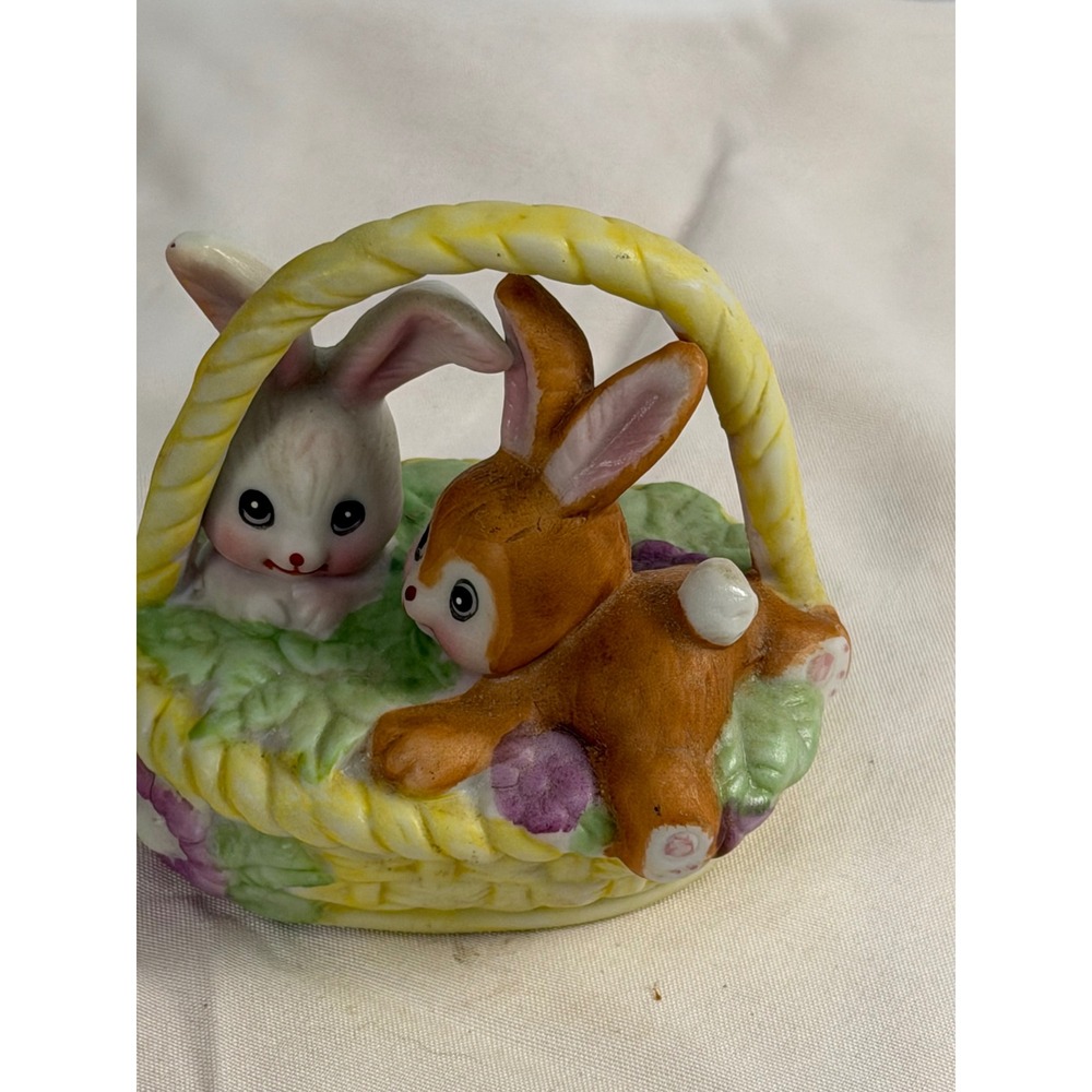 Vintage 1979 Russ Berrie Bunnies in Basket Ceramic Figurine Easter Decor 1045